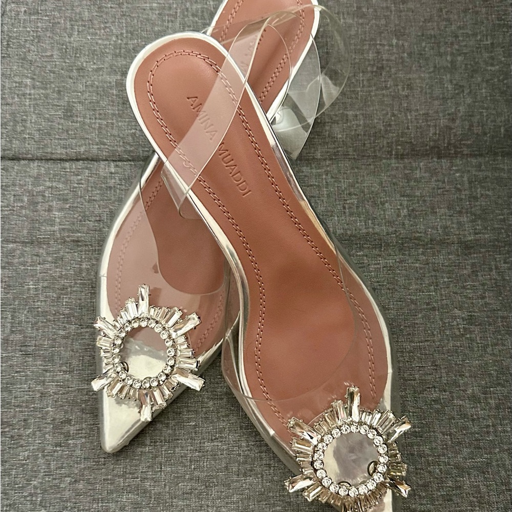 Amina Muaddi Silver and Clear Embellished Heels